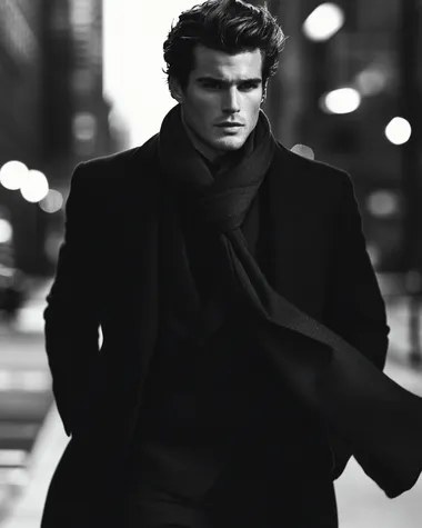 A Saint Laurent-clad luxury realtor strides through a dimly lit urban setting at dusk. His slim-cut black wool suit and silk scarf catch the movement, blurred slightly as he turns toward the camera. The lighting is dramatic, reminiscent of film noir, with long shadows stretching behind him. Shot in black and white with soft grain, evoking a timeless, rebellious elegance.