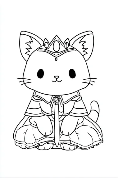 extremely simple. Kawaii style. Cat wearing medieval princess costume. Cartoon style. Coloring book. Use clean, bold lines suitable for coloring. No shading. Black and white.   --s 50  6u1vb8h