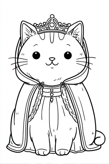 extremely simple. Kawaii style. Cat wearing medieval princess costume. Cartoon style. Coloring book. Use clean, bold lines suitable for coloring. No shading. Black and white.   --s 50  6u1vb8h
