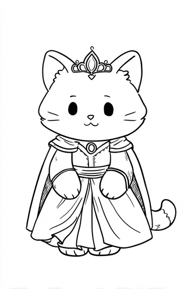 extremely simple. Kawaii style. Cat wearing medieval princess costume. Cartoon style. Coloring book. Use clean, bold lines suitable for coloring. No shading. Black and white.   --s 50  6u1vb8h