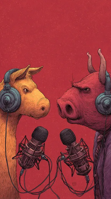 a comic book scene where two funny animals are talking in a podcast, each have big earphones talking to black mics, close to each other,