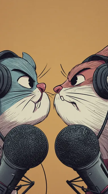 a comic book scene where two funny animals are talking in a podcast, each have big earphones talking to black mics, close to each other,