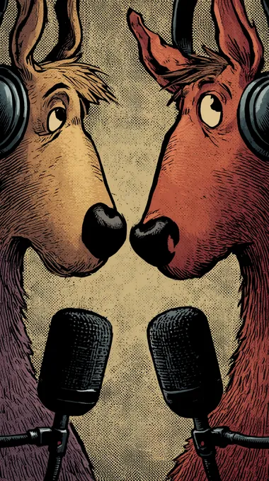 a comic book scene where two funny animals are talking in a podcast, each have big earphones talking to black mics, close to each other,