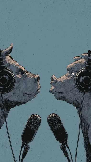 a comic book scene where two funny animals are talking in a podcast, each have big earphones talking to black mics, close to each other,