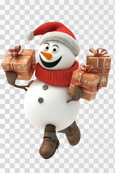 snow man running to delivery christmas gifts, cute, 3d, cartoon character, white background,