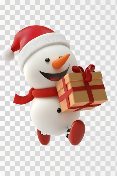 snow man running to delivery christmas gifts, cute, 3d, cartoon character, white background,
