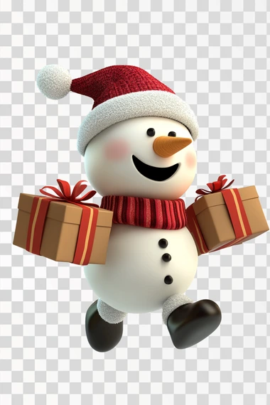 snow man running to delivery christmas gifts, cute, 3d, cartoon character, white background,