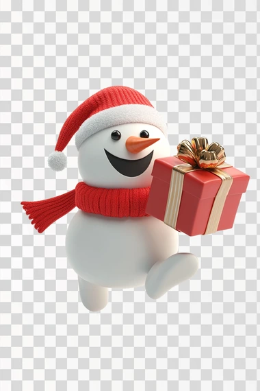 snow man running to delivery christmas gifts, cute, 3d, cartoon character, white background,