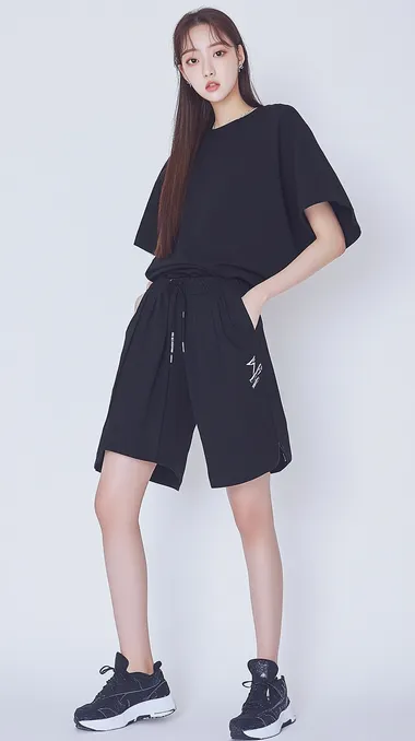 20-year-old Korean female model, East Asian, 173cm tall, standing pose, straight posture, wearing a black sleeveless t-shirt and black short shorts, clean and simple design, paired with black sneakers, minimalist and clean background, soft lighting, realistic texture, high-detail clothing folds, natural face expression, stunning and beautiful facial features, casual and modern fashion, studio photography, full-body shot     cyt9u4v --s 50