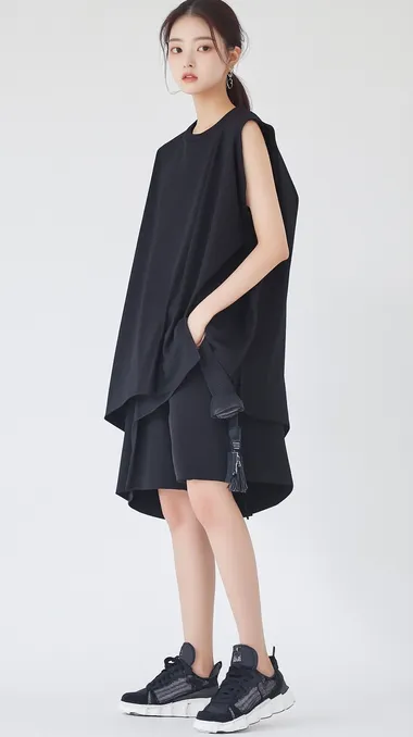 20-year-old Korean female model, East Asian, 173cm tall, standing pose, straight posture, wearing a black sleeveless t-shirt and black short shorts, clean and simple design, paired with black sneakers, minimalist and clean background, soft lighting, realistic texture, high-detail clothing folds, natural face expression, stunning and beautiful facial features, casual and modern fashion, studio photography, full-body shot     cyt9u4v --s 50