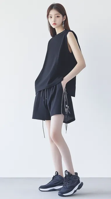 20-year-old Korean female model, East Asian, 173cm tall, standing pose, straight posture, wearing a black sleeveless t-shirt and black short shorts, clean and simple design, paired with black sneakers, minimalist and clean background, soft lighting, realistic texture, high-detail clothing folds, natural face expression, stunning and beautiful facial features, casual and modern fashion, studio photography, full-body shot     cyt9u4v --s 50