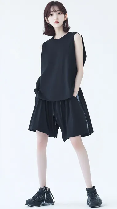 20-year-old Korean female model, East Asian, 173cm tall, standing pose, straight posture, wearing a black sleeveless t-shirt and black short shorts, clean and simple design, paired with black sneakers, minimalist and clean background, soft lighting, realistic texture, high-detail clothing folds, natural face expression, stunning and beautiful facial features, casual and modern fashion, studio photography, full-body shot     cyt9u4v --s 50