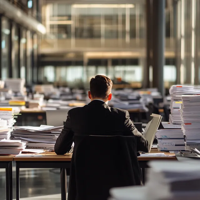 Woman in office managing multiple public procurement procedures alone
