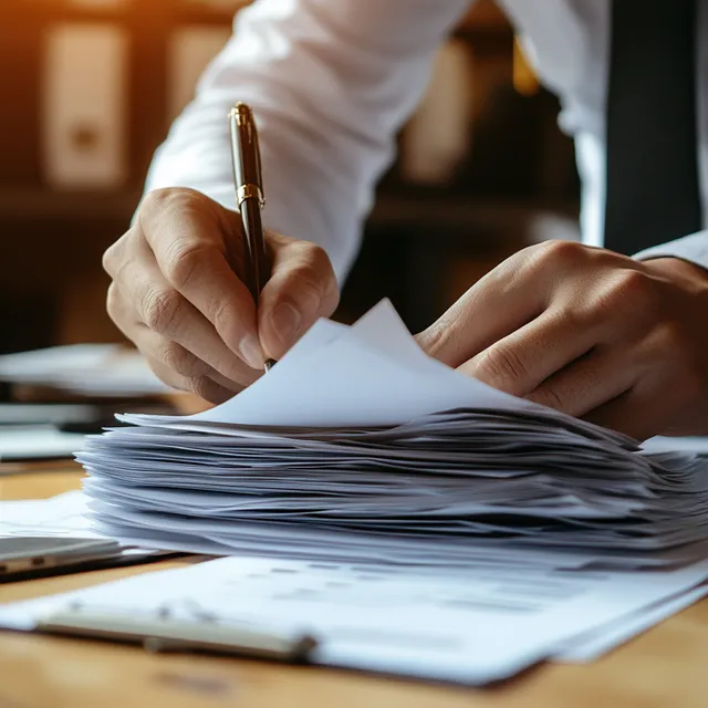 Person managing multiple public procurement procedures at a desk