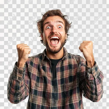 man is happy, excited, realistic photo, on a white background