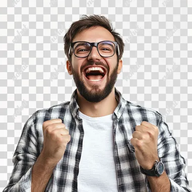 man is happy, excited, realistic photo, on a white background