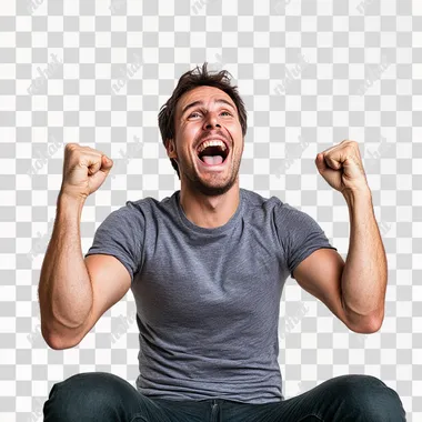 man is happy, excited, realistic photo, on a white background