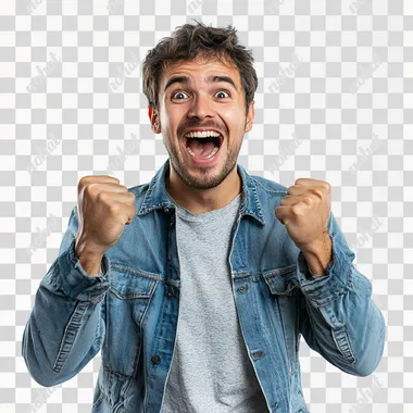 man is happy, excited, realistic photo, on a white background