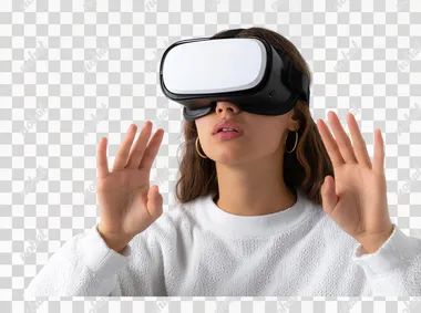 teenager in virtual reality glasses isolated on white with hands in front of herself   rofile m7kv3es