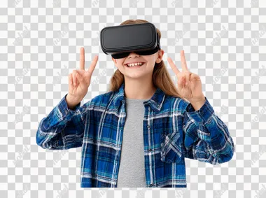 teenager in virtual reality glasses isolated on white with hands in front of herself   rofile m7kv3es