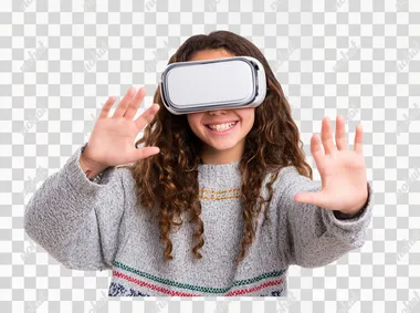 teenager in virtual reality glasses isolated on white with hands in front of herself   rofile m7kv3es