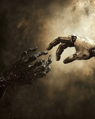 photo of The Creation of Adam motive but with human and robot hand