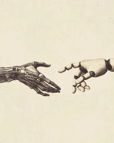 photo of The Creation of Adam motive but with human and robot hand