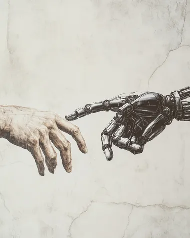 photo of The Creation of Adam motive but with human and robot hand