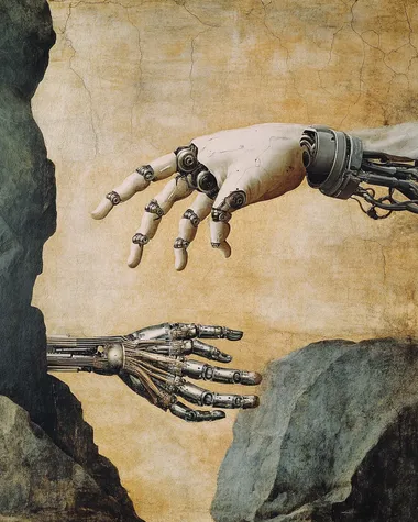 photo of The Creation of Adam motive but with human and robot hand