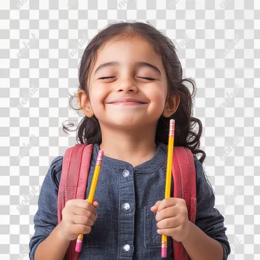 isolated photo of a middle eastern girl holding a pencil ready for school, smiling, backpack, happy, eyes closed, kindergarten, western culture, white background,