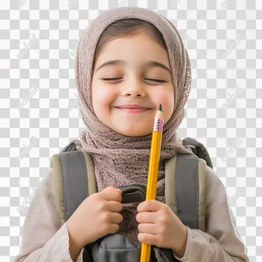 isolated photo of a middle eastern girl holding a pencil ready for school, smiling, backpack, happy, eyes closed, kindergarten, western culture, white background,