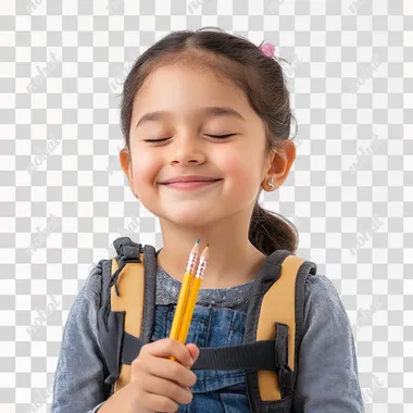 isolated photo of a middle eastern girl holding a pencil ready for school, smiling, backpack, happy, eyes closed, kindergarten, western culture, white background,