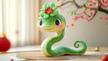 Cute snake, Chinese New Year symbol, animation style, colorful cartoon illustration. Features include green flower-shaped hair on the head, full-length portrait, high definition details, cute facial expression, long snake-like tail wrapped around the waist, cartoon character style. 3D rendering, C4D model, oc rendering texture
