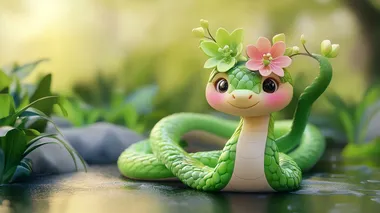 Cute snake, Chinese New Year symbol, animation style, colorful cartoon illustration. Features include green flower-shaped hair on the head, full-length portrait, high definition details, cute facial expression, long snake-like tail wrapped around the waist, cartoon character style. 3D rendering, C4D model, oc rendering texture