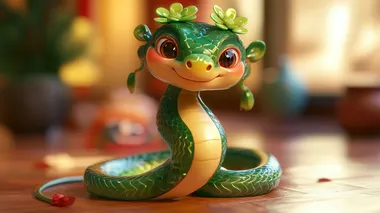 Cute snake, Chinese New Year symbol, animation style, colorful cartoon illustration. Features include green flower-shaped hair on the head, full-length portrait, high definition details, cute facial expression, long snake-like tail wrapped around the waist, cartoon character style. 3D rendering, C4D model, oc rendering texture