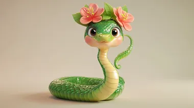 Cute snake, Chinese New Year symbol, animation style, colorful cartoon illustration. Features include green flower-shaped hair on the head, full-length portrait, high definition details, cute facial expression, long snake-like tail wrapped around the waist, cartoon character style. 3D rendering, C4D model, oc rendering texture