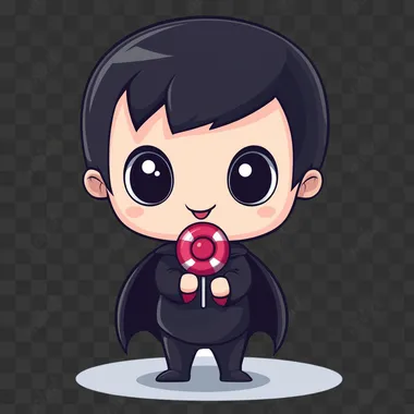 draw Kawaii colored line art cute vampire with a lollipop, spooky cutie kawaii style, isolated on white background