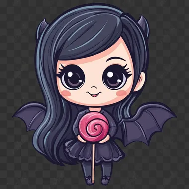 draw Kawaii colored line art cute vampire with a lollipop, spooky cutie kawaii style, isolated on white background