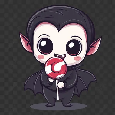 draw Kawaii colored line art cute vampire with a lollipop, spooky cutie kawaii style, isolated on white background