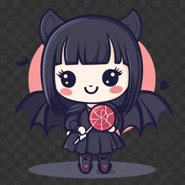 draw Kawaii colored line art cute vampire with a lollipop, spooky cutie kawaii style, isolated on white background
