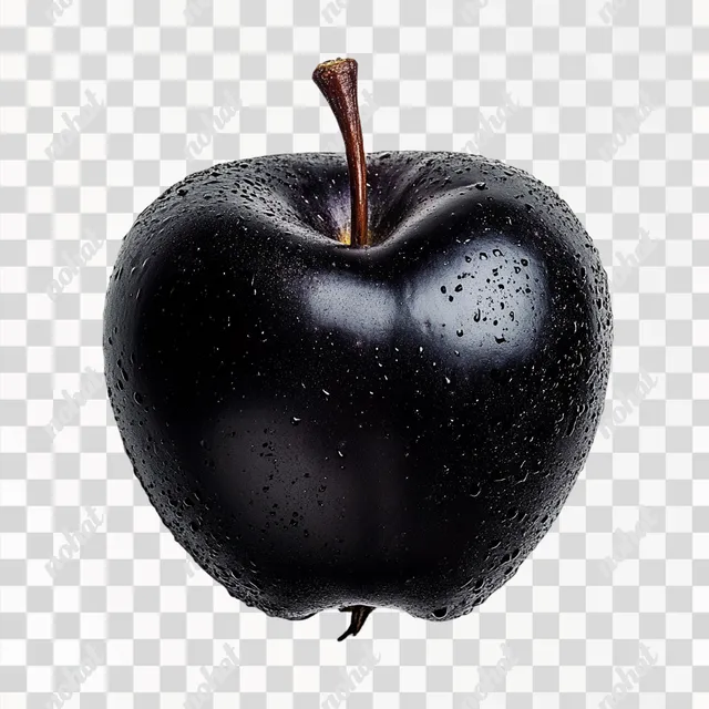 PNG Cut black apple with water droplets on white surface in kitchen setting
