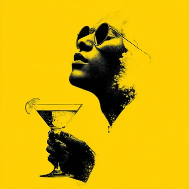 mysterious silhoute of a yellow shape with sunglasses and a martini glass
