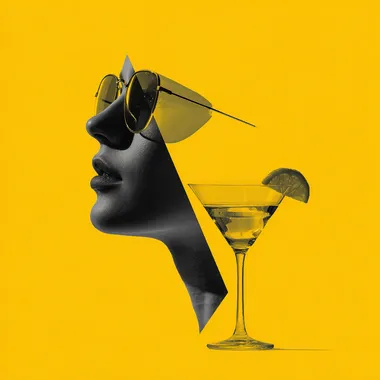 mysterious silhoute of a yellow shape with sunglasses and a martini glass