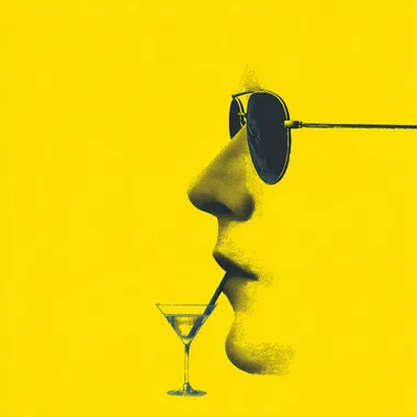 mysterious silhoute of a yellow shape with sunglasses and a martini glass