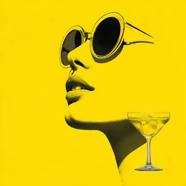 mysterious silhoute of a yellow shape with sunglasses and a martini glass