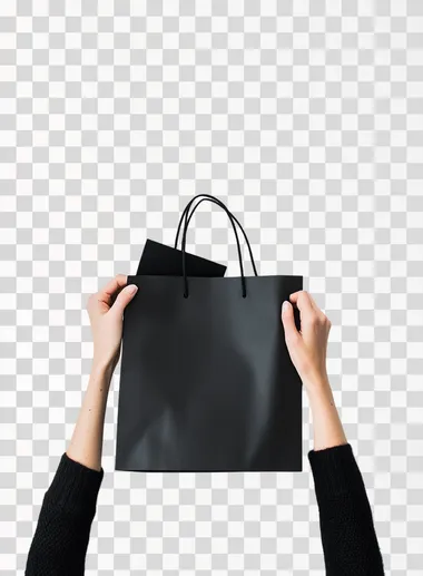 "Black Friday Dataset" in bold font on top of a photo of a black shopping bag held by a woman's hands, against a white background, in a flat lay photography style, stock photo, 35mm lens, f/2.0, with white space around the border, high resolution, high quality, and high detail.    94bqemt