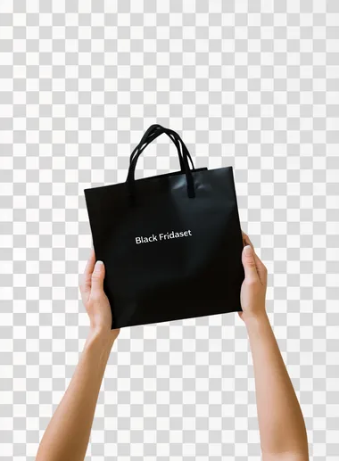 "Black Friday Dataset" in bold font on top of a photo of a black shopping bag held by a woman's hands, against a white background, in a flat lay photography style, stock photo, 35mm lens, f/2.0, with white space around the border, high resolution, high quality, and high detail.    94bqemt