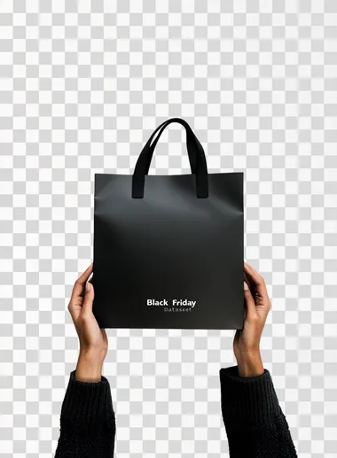 "Black Friday Dataset" in bold font on top of a photo of a black shopping bag held by a woman's hands, against a white background, in a flat lay photography style, stock photo, 35mm lens, f/2.0, with white space around the border, high resolution, high quality, and high detail.    94bqemt