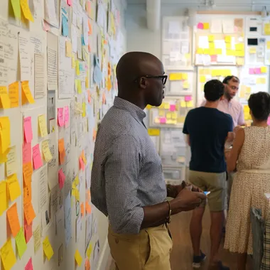 a room of individuals white-boarding concepts for a desktop shopping application rofile sgpey5s