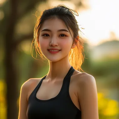 a china girl,smile,Sporty, active lifestyle, athletic wear, fitness, dynamic, strong and confident, outdoor